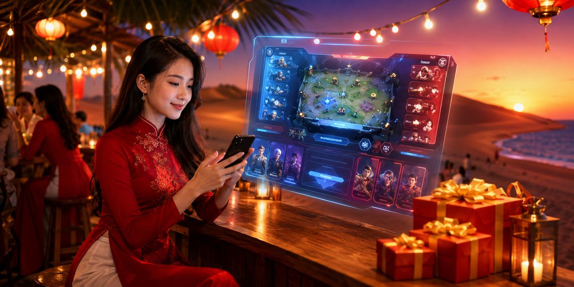 Người dùng tại Mũi Né mặc áo dài theo dõi cược esports trên điện thoại ngoài trời